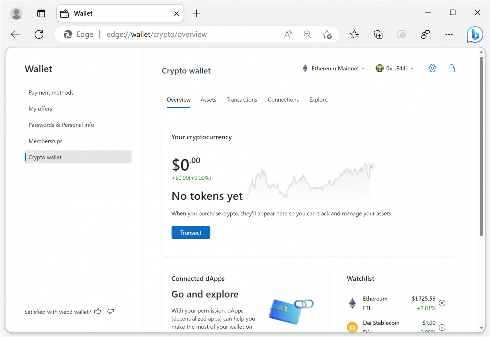 Monedero criptográfico de Microsoft Edge