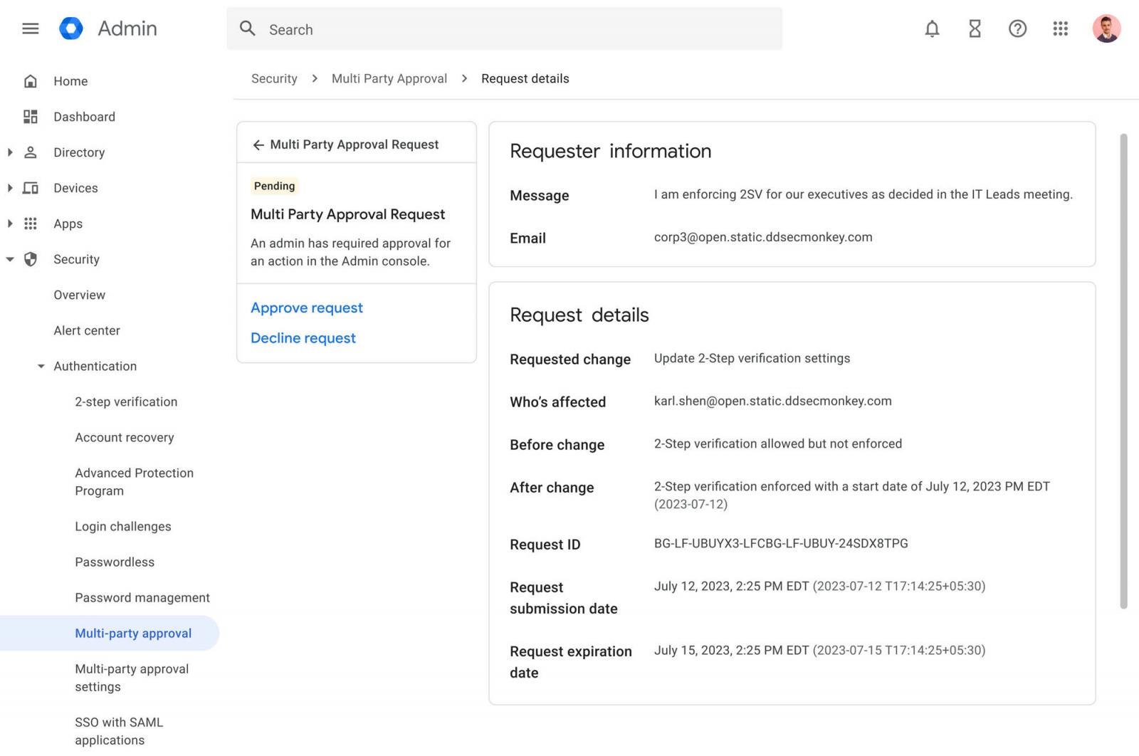 Multi-party approval for sensitive admin actions