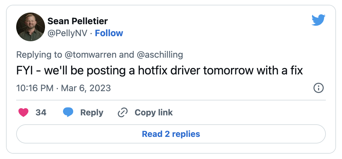 Tweet about Nvidia driver fix