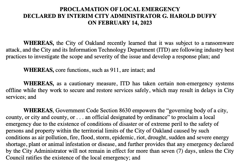 Oakland proclamation of local emergency