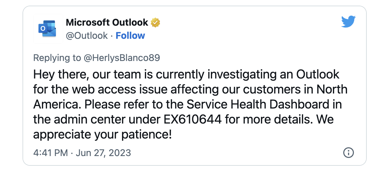 Outlook on the web outage