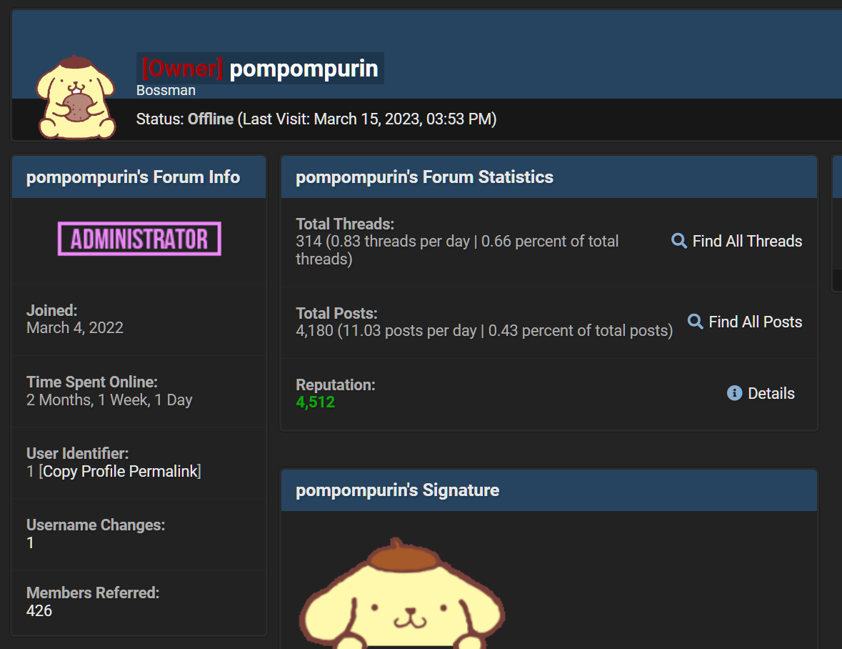 Pompompurin's BreachForums profile