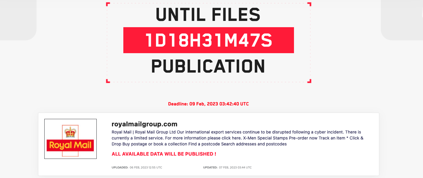Royal Mail entry on LockBit's data leak site
