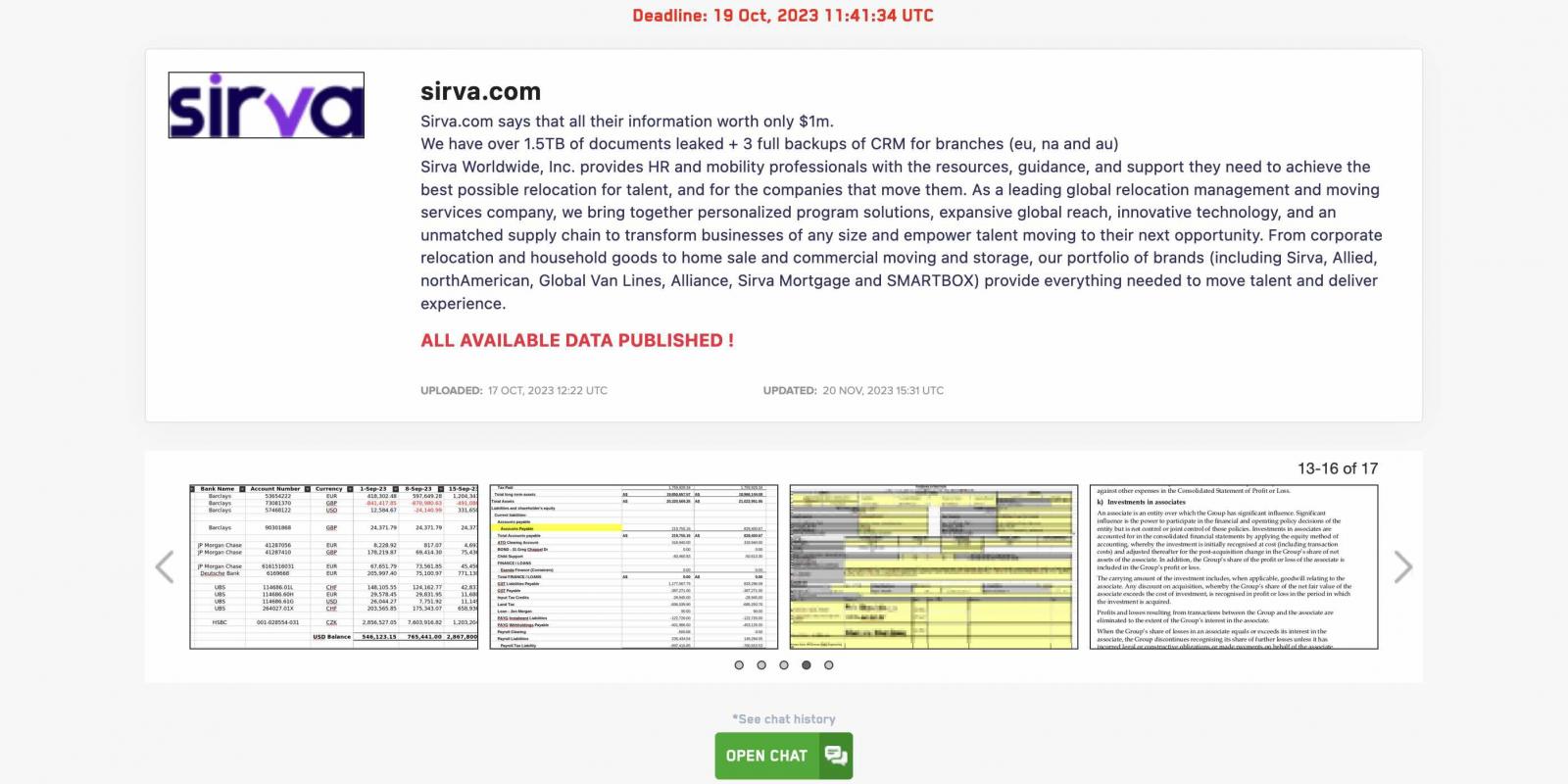 Sirva on LockBit's leak site