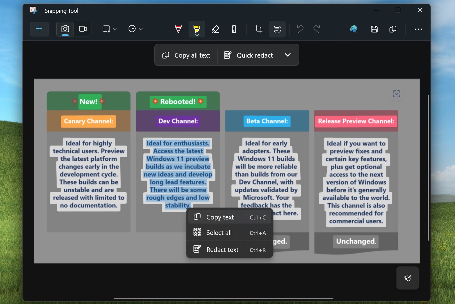 Snipping Tool text recognition