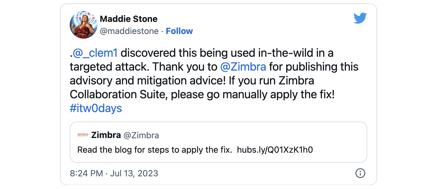 Tweet Zimbra zero-day