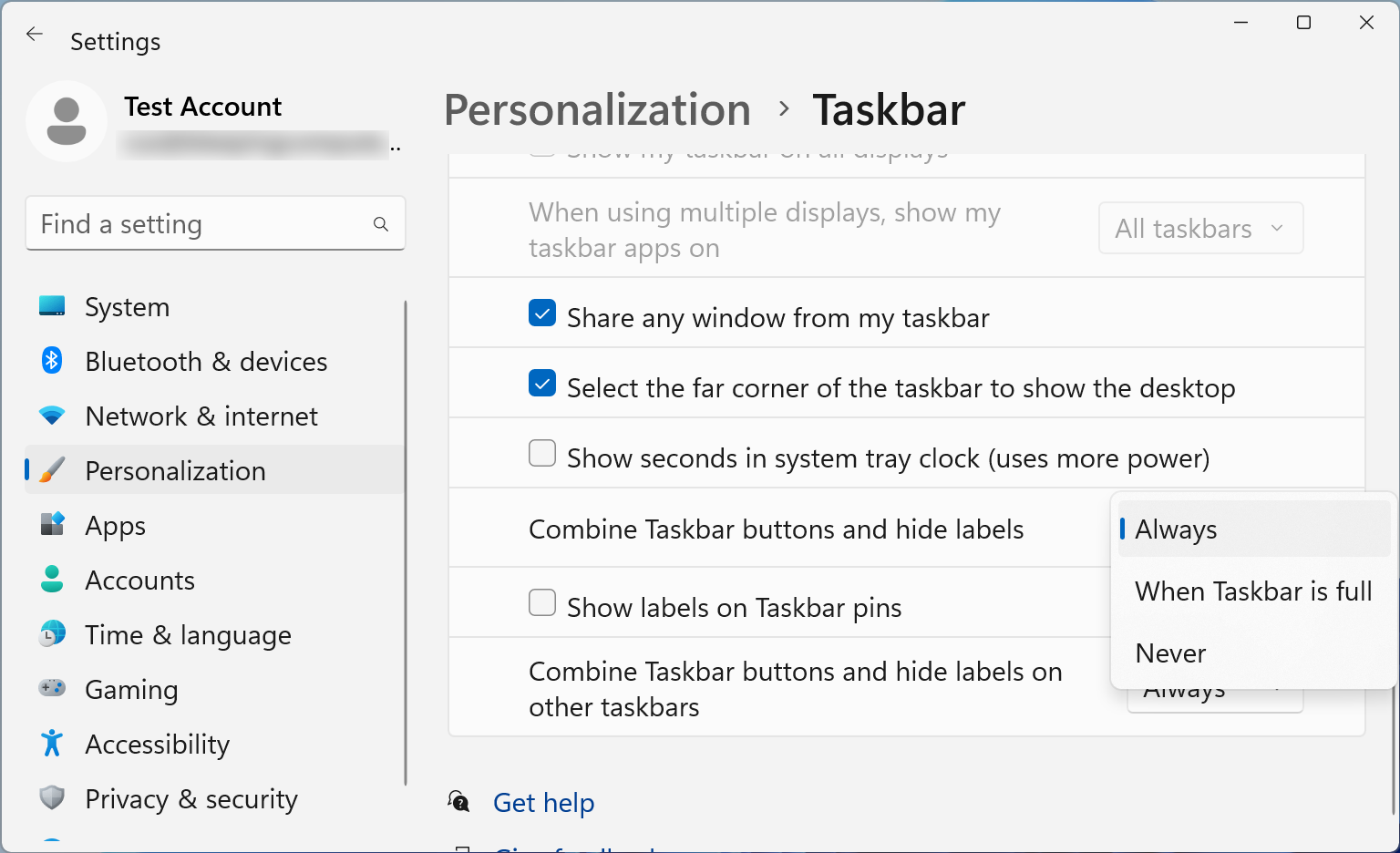 Unlink taskbar settings