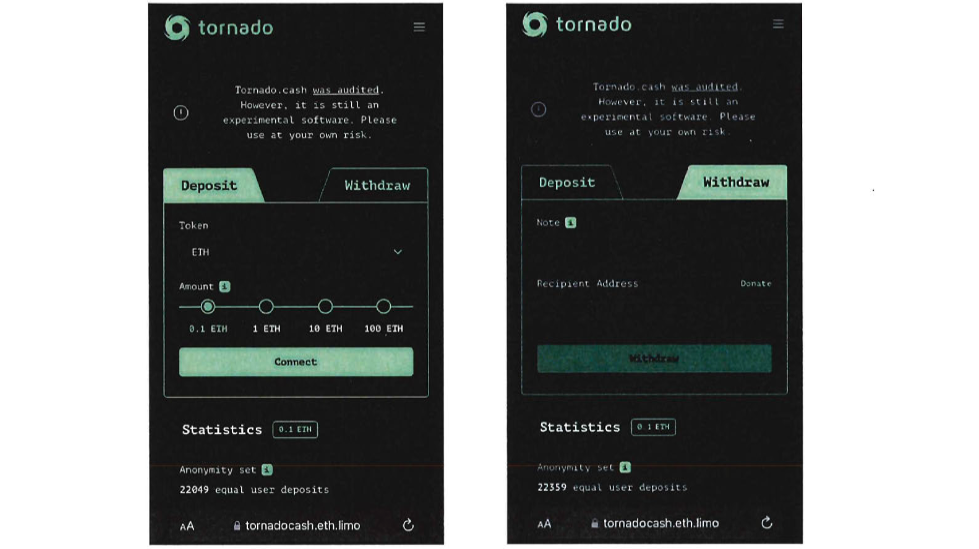 Tornado Cash crypto mixer interface