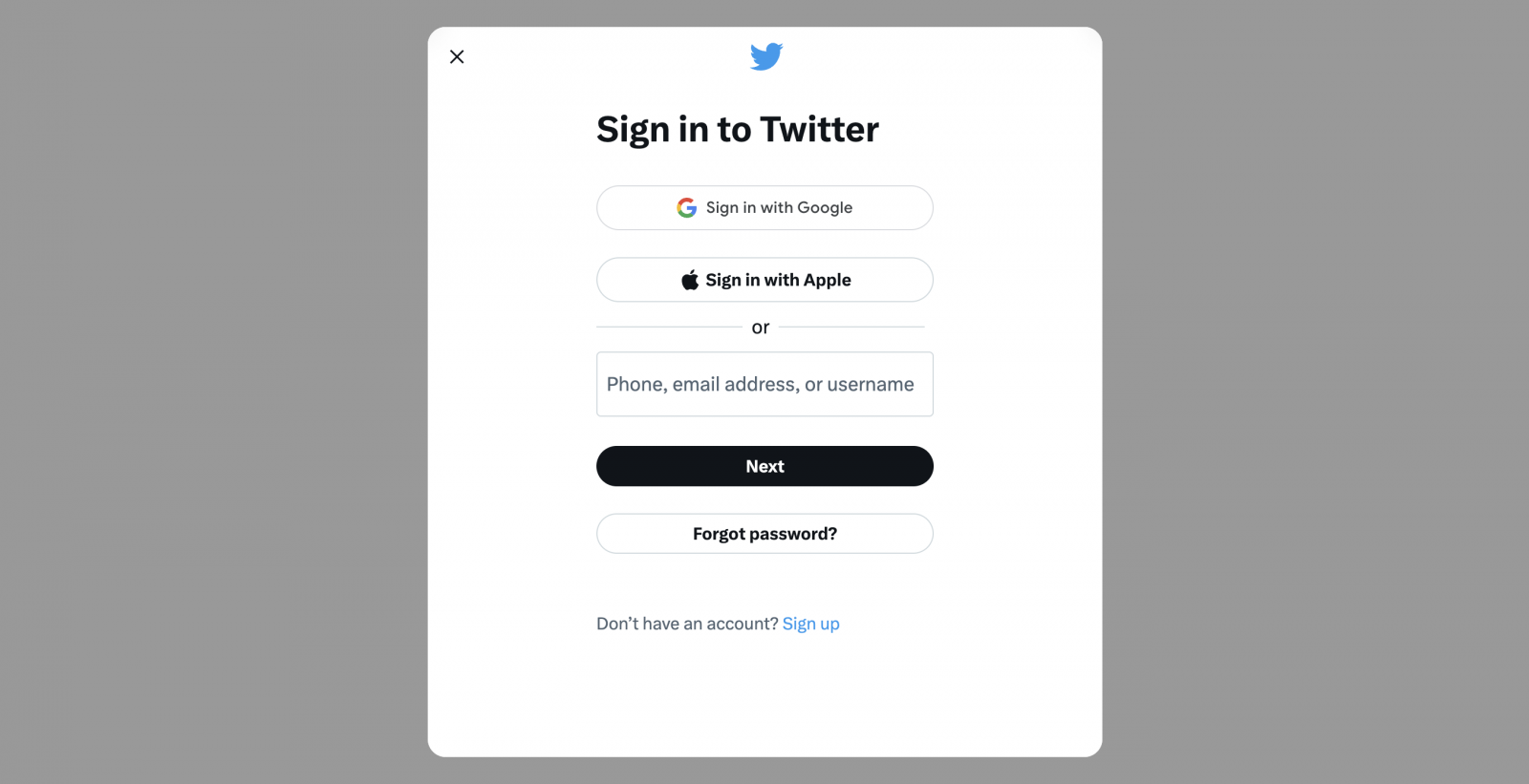 Twitter sign-in screen