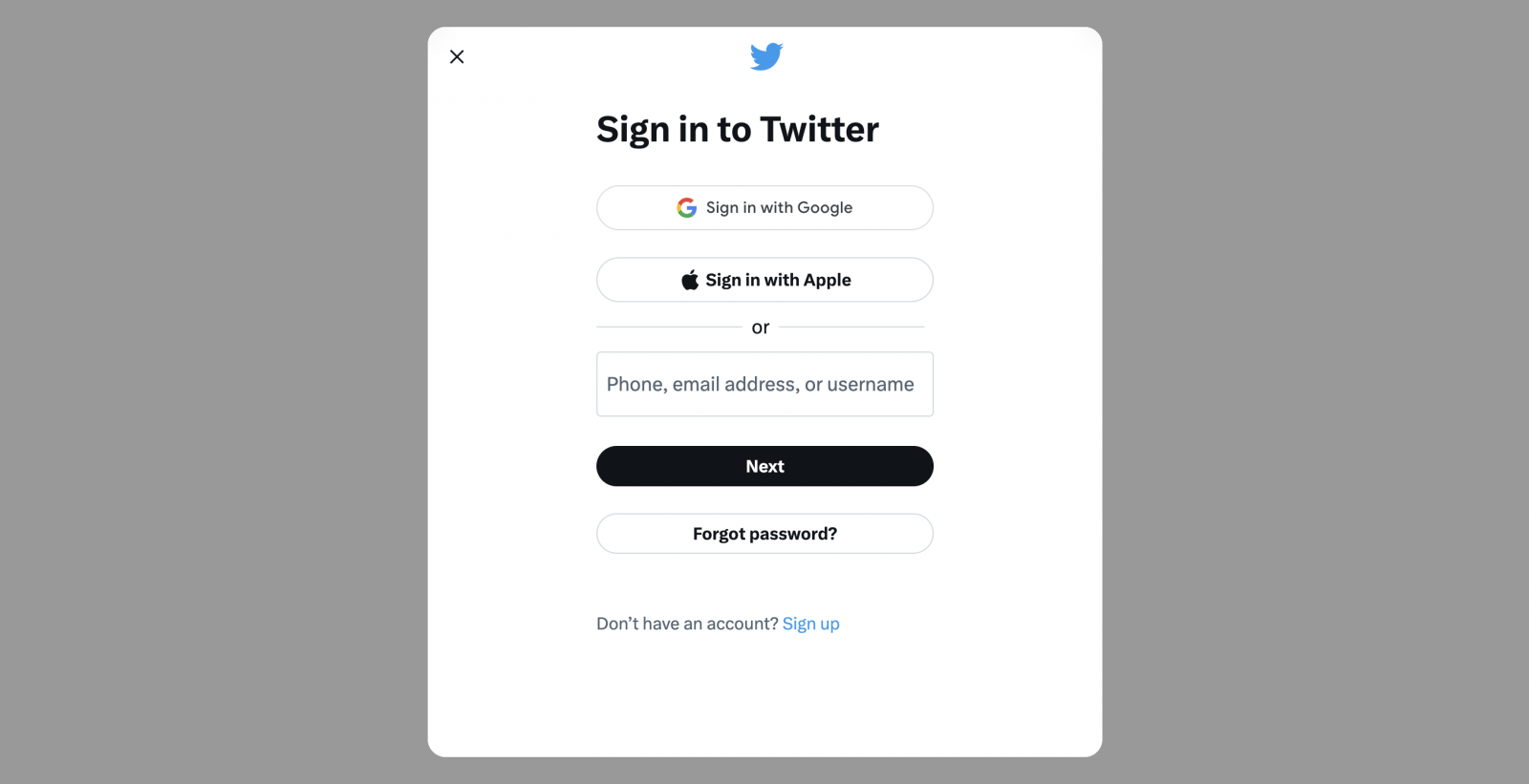 Twitter login screen