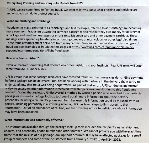 UPS data breach notification letter