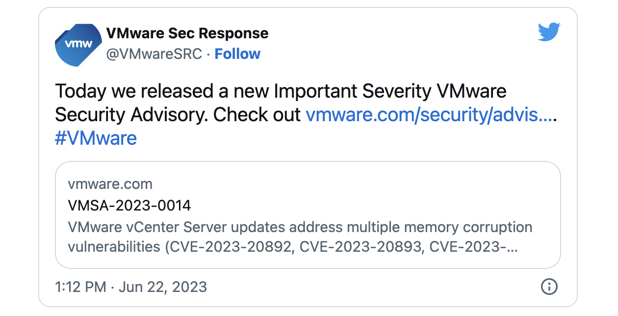 VMware VMSA-2023-0014 tweet