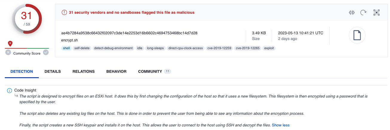 Analysis of SH scripts by VirusTotal Code Insight