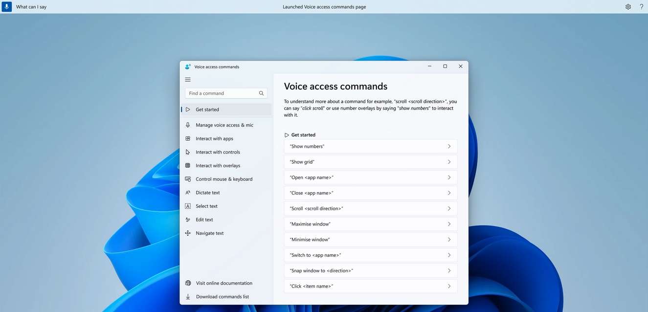 Windows 11 voice access commands