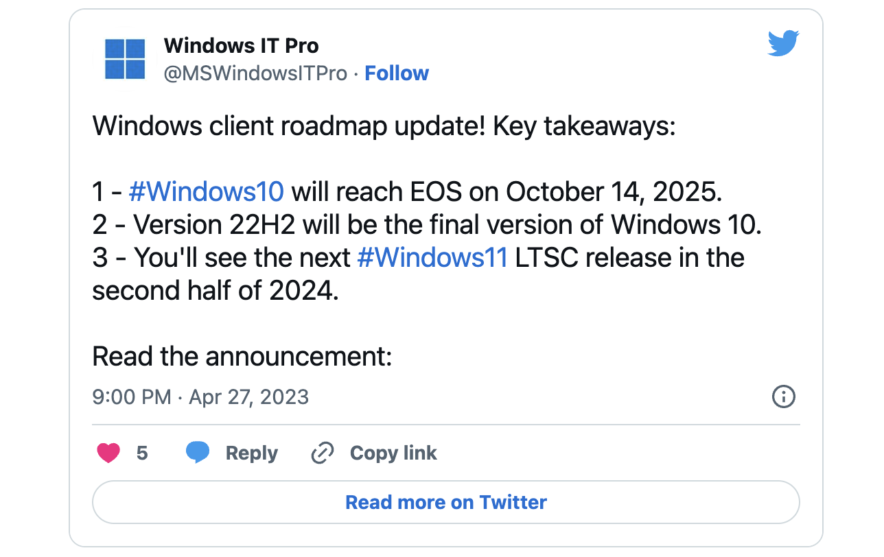 Tweet from Windows IT Pro