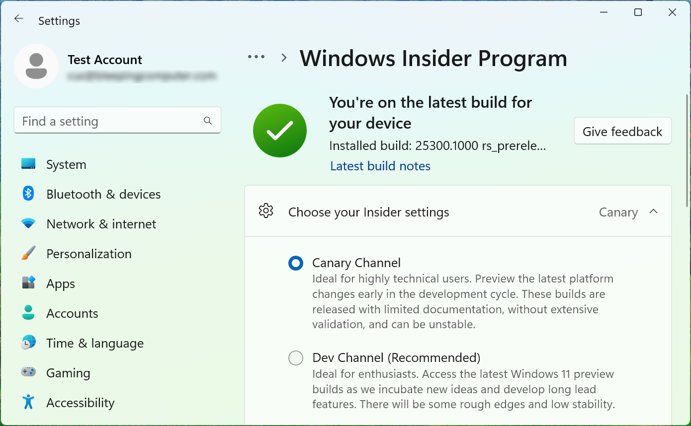 Windows Insider Program Canarian Channel