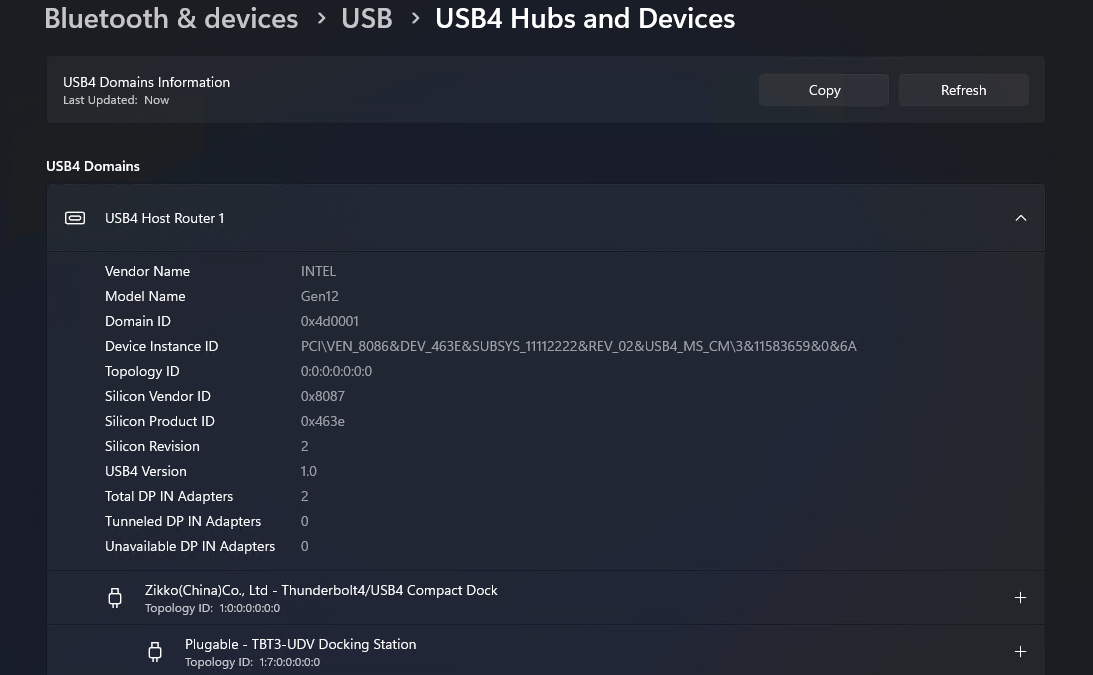 Halaman pengaturan Windows 11 USB4