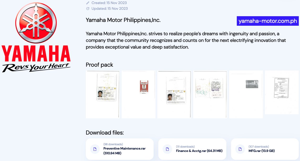 Yamaha Motor Phillipines leak page on INC RANSOM site