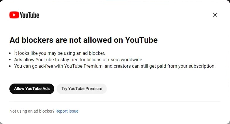 YouTube ad blocker warning