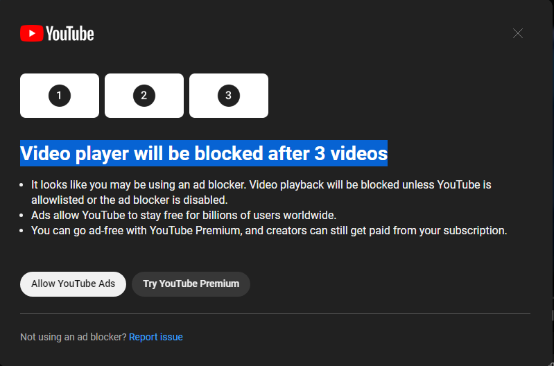 YouTube tests restricting ad blocker users to 3 video views