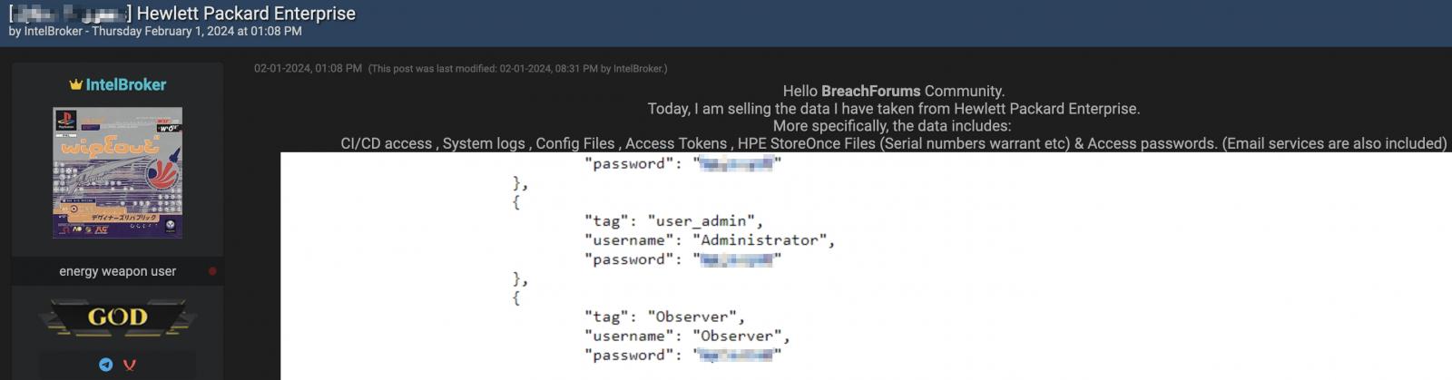 IntelBroker selling allegedly stolen HPE credentials