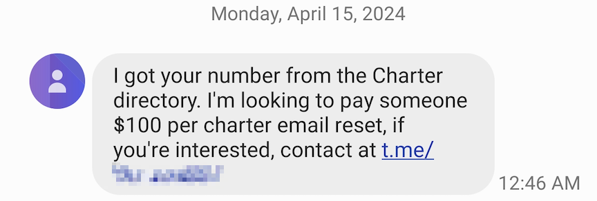 Charter Communications email reset message