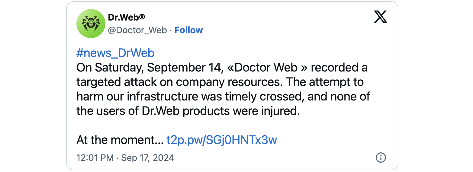 Dr.Web breach tweet