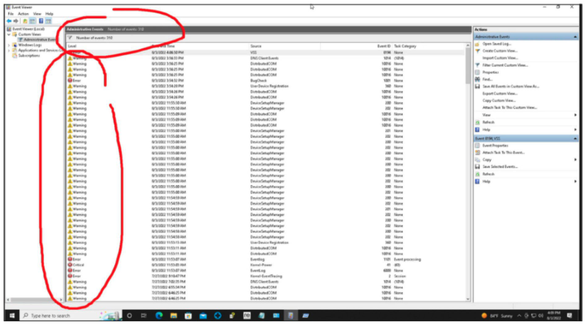 Event Viewer warnings and errors