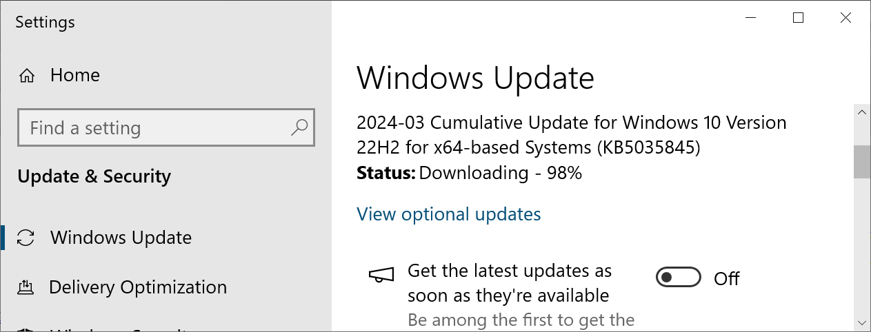Installing Windows 10 KB5035845 cumulative update