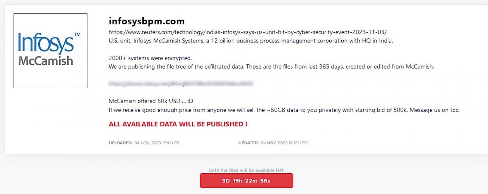 Infosys entry on LockBit's leak site