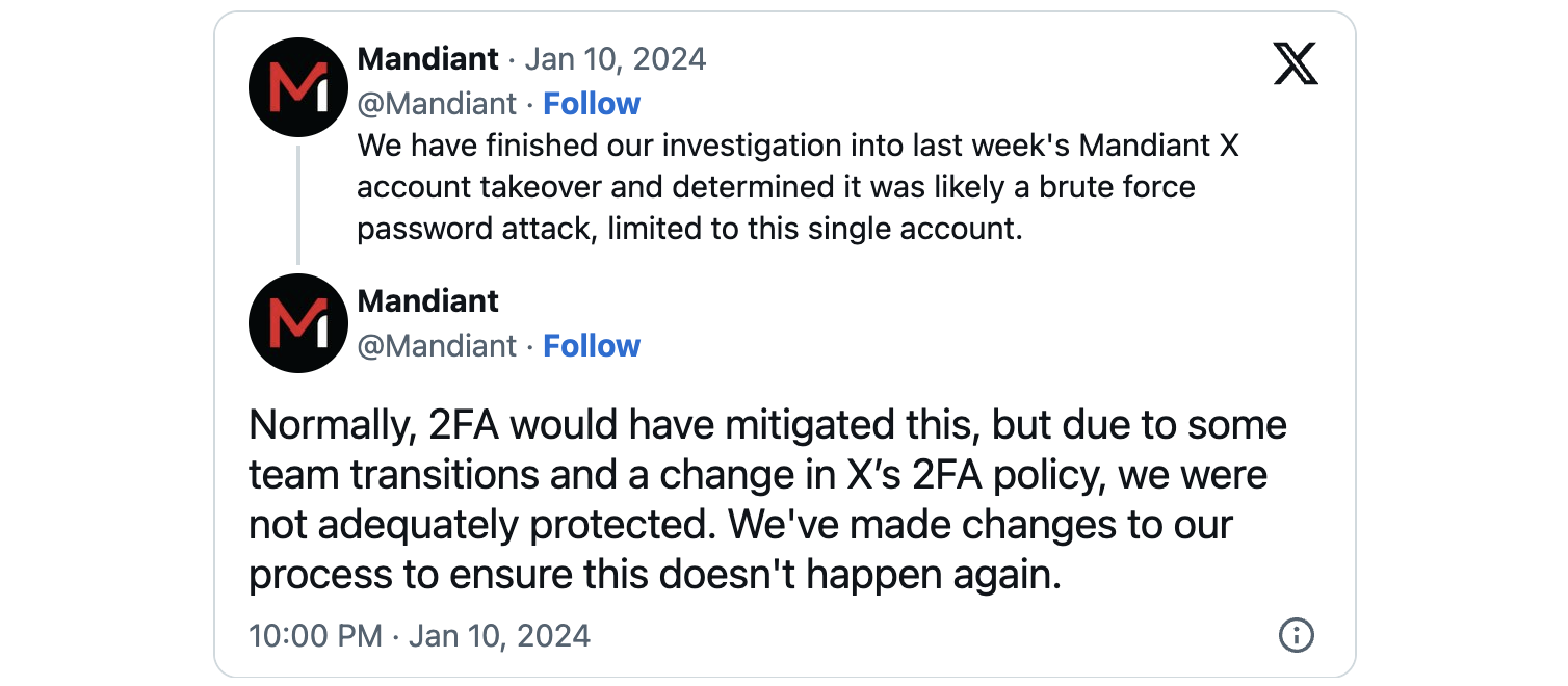Mandiant's  X account hijacked in brute force attack