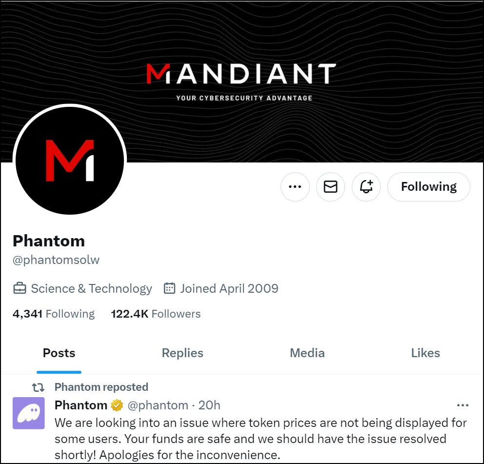 Hijacked Mandiant Twitter account