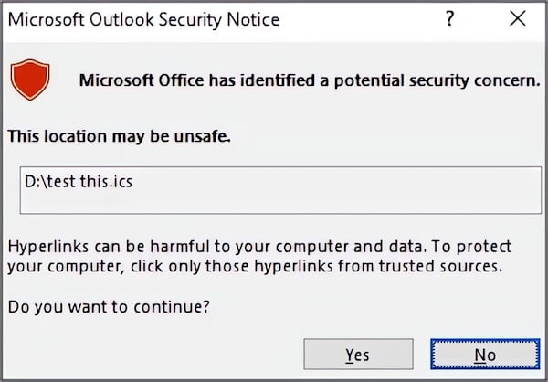 Microsoft Outlook ICS security notice