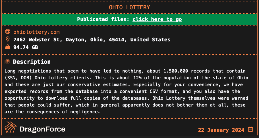 Ohio Lottery DragonForce data leak