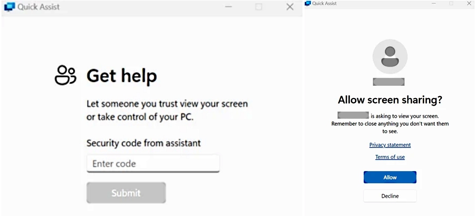 Quick Assist screen sharing prompts