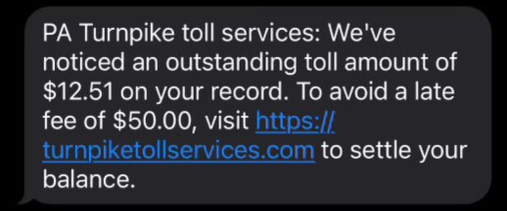Road toll debt SMS phishing message
