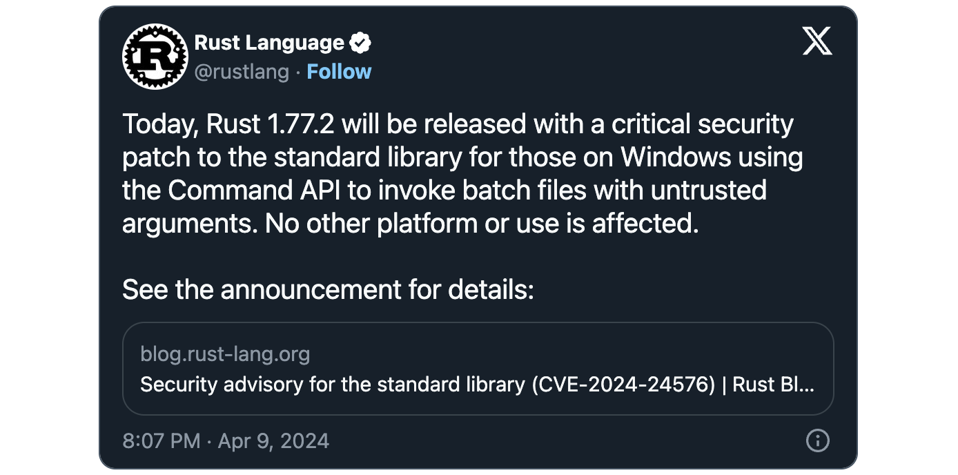 Rust CVE-2024-24576 tweet