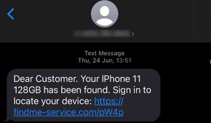 SMS message received by one iServer victim