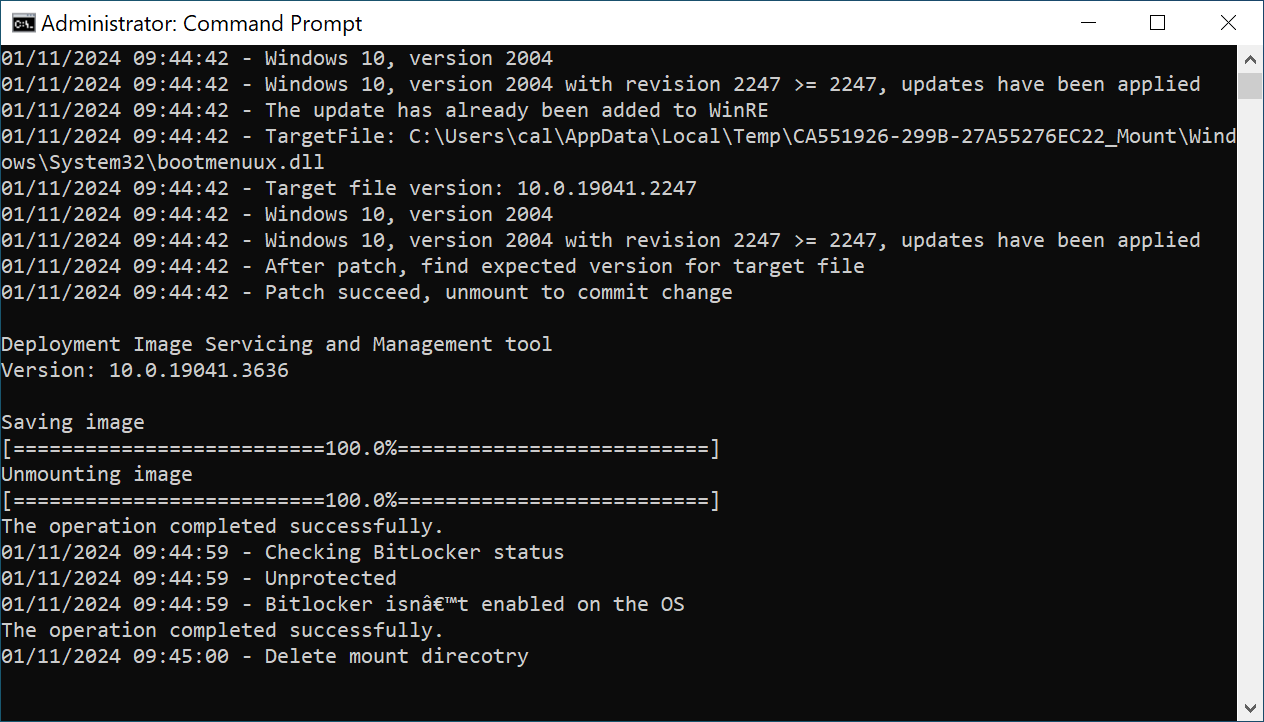 Script output showing the update being applied