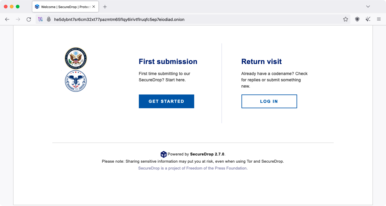 U.S. State Department Secure Drop page