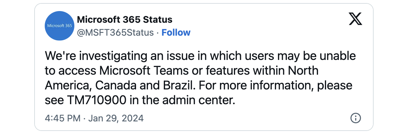 Microsoft Teams outage Jan 29