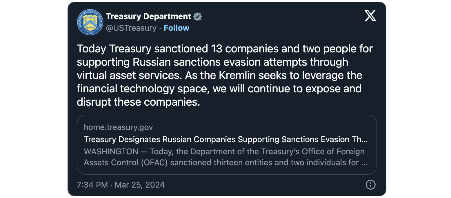 US Treasury Russian crypto sanctions