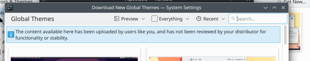 Warning before installing a global theme in KDE