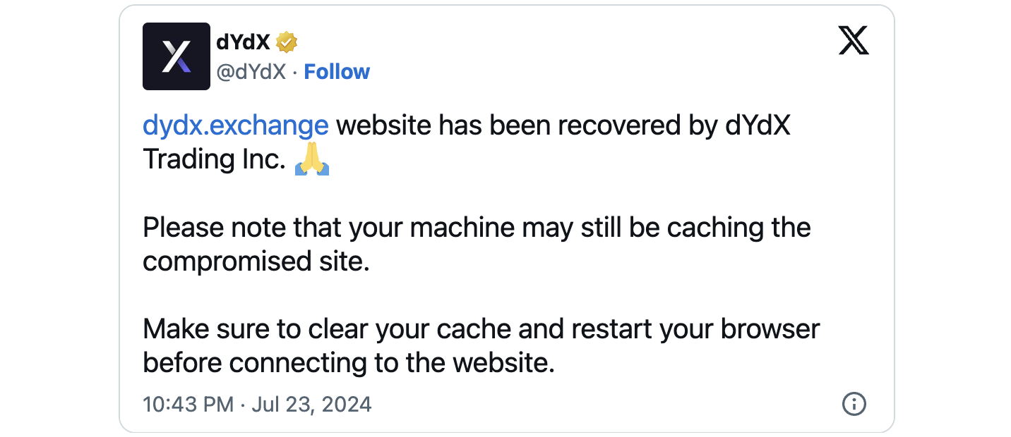 dYdX site kurtarma
