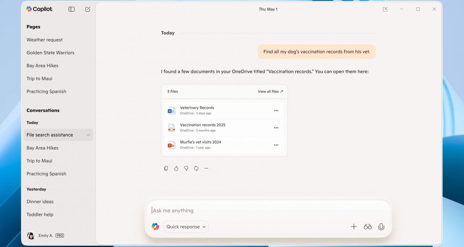 Yardımcı pilot OneDrive dosyalarında arama yapıyor