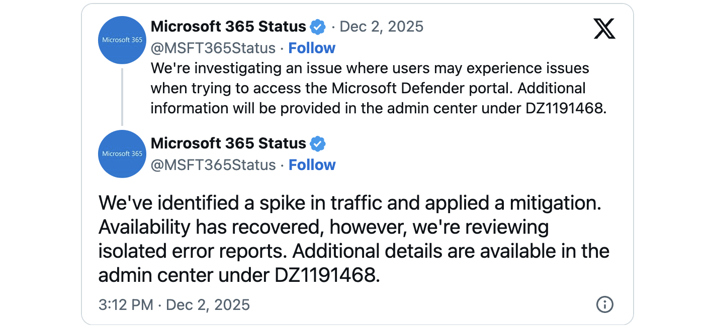 Microsoft Defender portal outage disrupts threat hunting alerts 2 Defender XDR portal outage