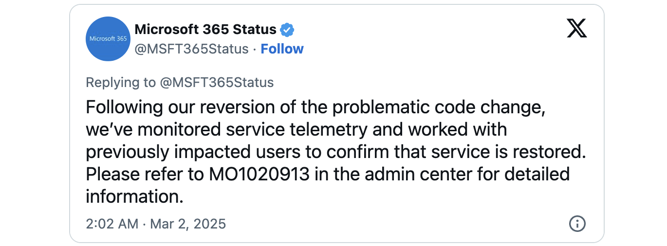 Microsoft 365 MO1020913 outage