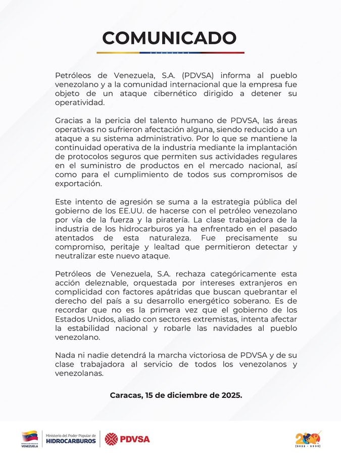 Cyberattack disrupts Venezuelan oil giant PDVSA's operations 2 PDVSA statement
