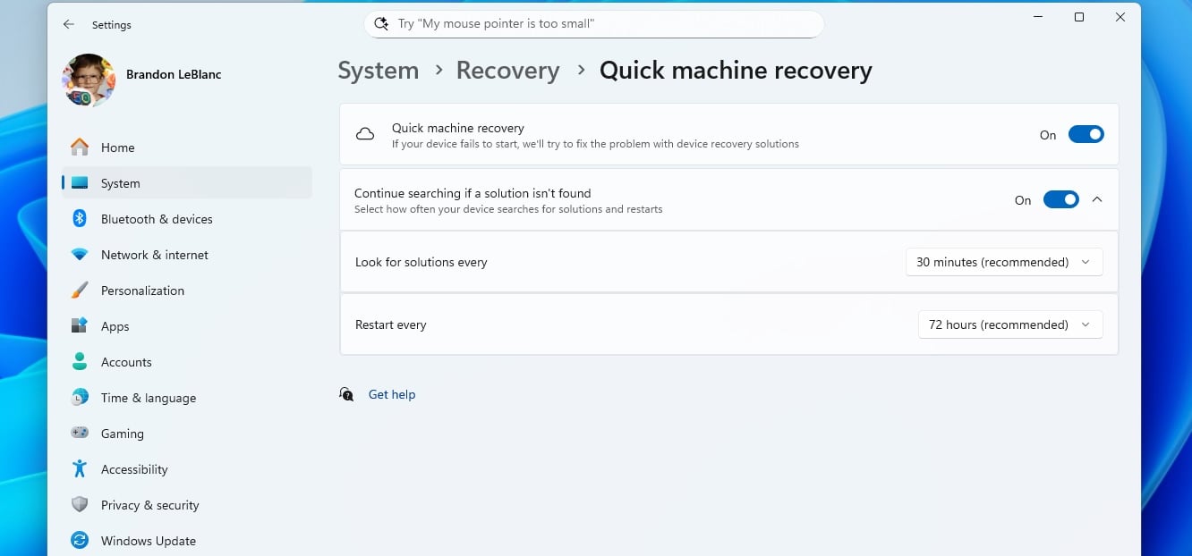 Quick machine recovery settings