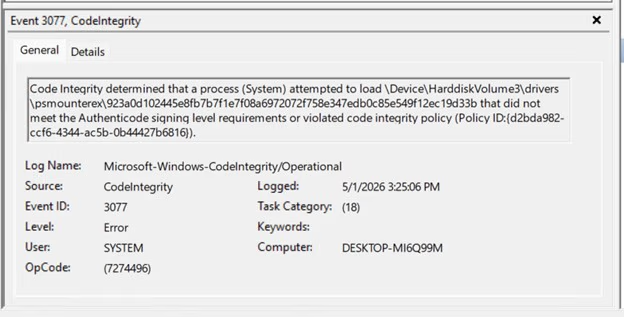 Entry of 'Event 3077' in event viewer